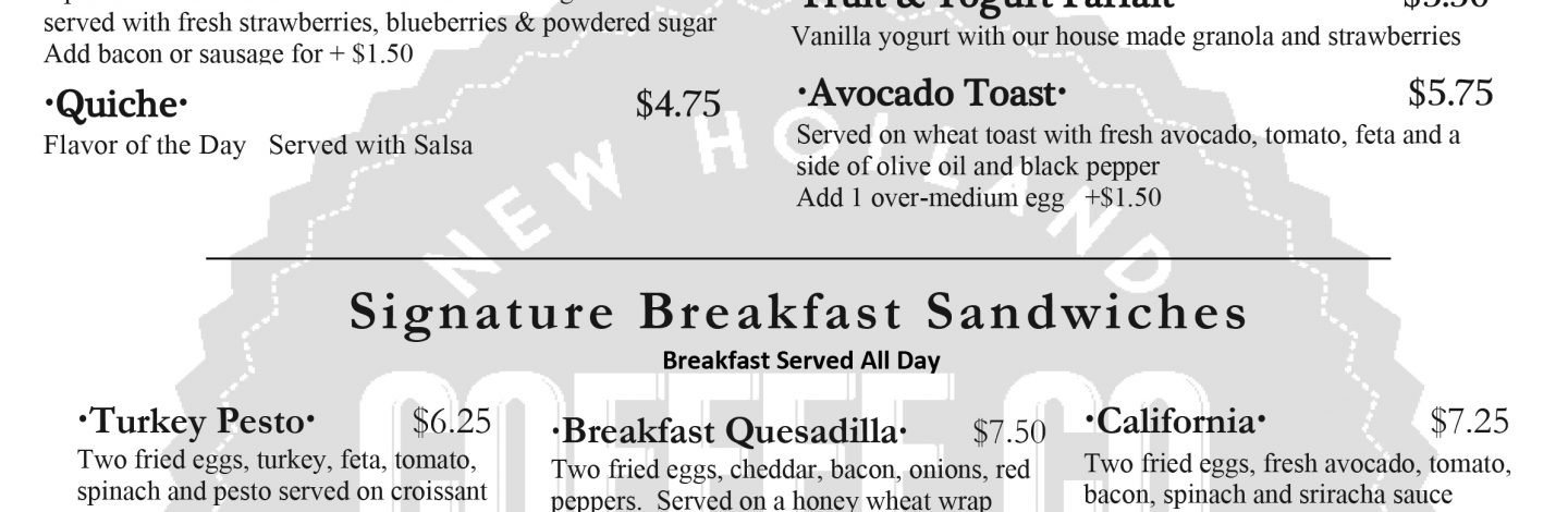food and coffee menu for a cafe located in new holland